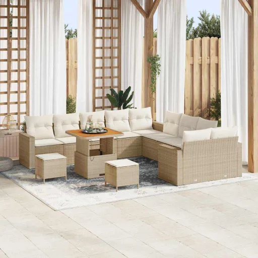 Conjunto de Sofá de Jardim   Bege Vime PE (13 pcs)