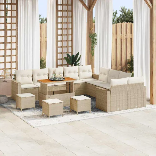 Conjunto de Sofá de Jardim   Bege Vime PE (14 pcs)