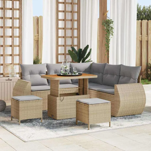Conjunto de Sofá de Jardim   Bege Vime PE (8 pcs)
