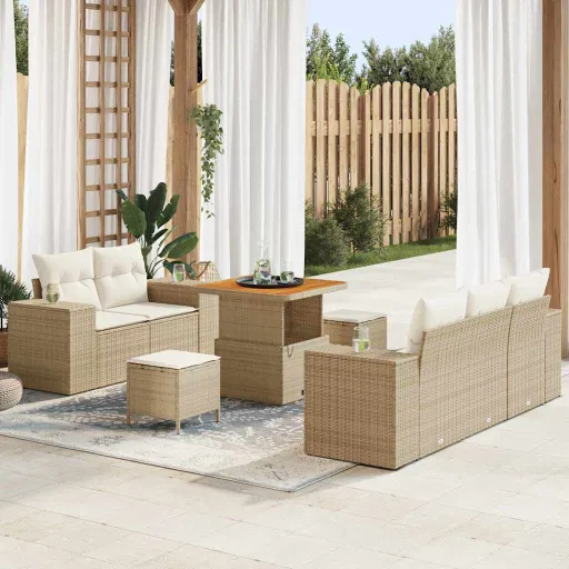Conjunto de Sofá de Jardim   Bege Vime PE (8 pcs)