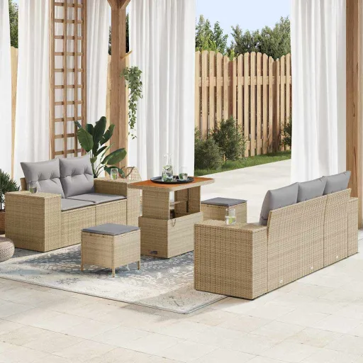 Conjunto de Sofá de Jardim   Bege Vime PE (8 pcs)