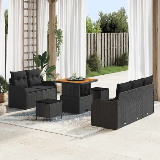 Conjunto de Sofá de Jardim com Almofada   Preto Vime PE (8 pcs)