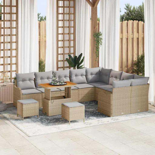 Conjunto de Sofá de Jardim com Almofada   Bege Vime PE (12 pcs)