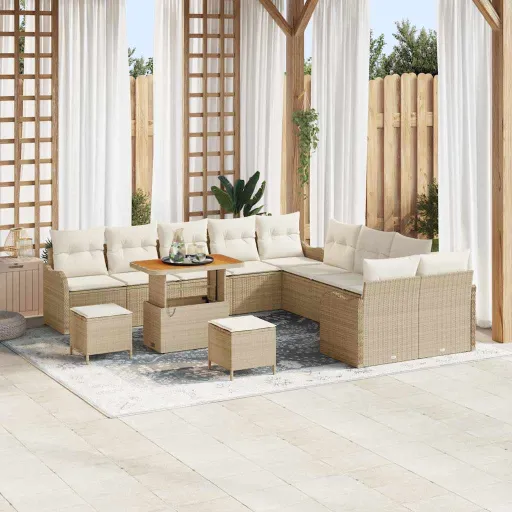 Conjunto de Sofá de Jardim   Bege Vime PE (13 pcs)