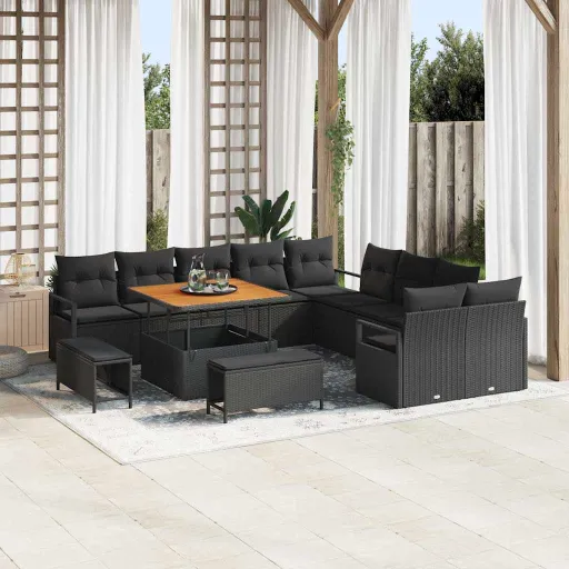 Conjunto de Sofá de Jardim com Almofada   Preto Vime PE (13 pcs)