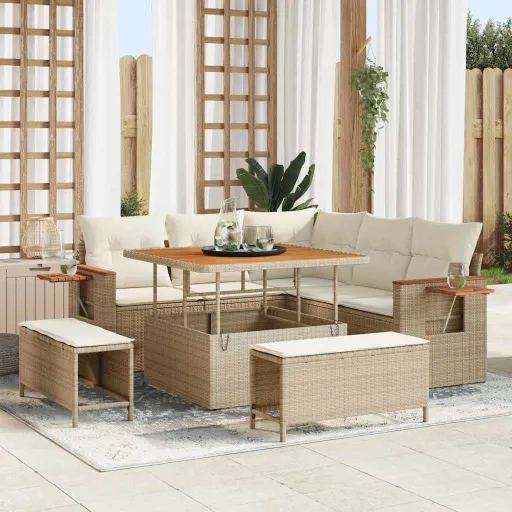Conjunto de Sofá de Jardim com Almofada   Bege e Creme (8 pcs)