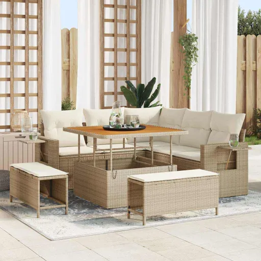 Conjunto de Sofá de Jardim   Bege e Creme Vime PE (9 pcs)
