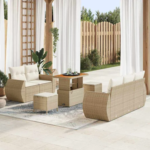 Conjunto de Sofá de Jardim   Bege e Creme Vime PE (8 pcs)