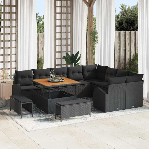 Conjunto de Sofá de Jardim com Almofada   Preto (12 pcs)