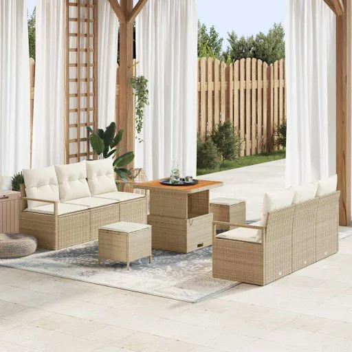Conjunto de Sofá de Jardim   Bege Rattan Sintético (9 pcs)