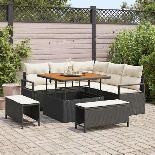 Conjunto de Sofá de Jardim com Almofada   Preto e Creme (8 pcs)
