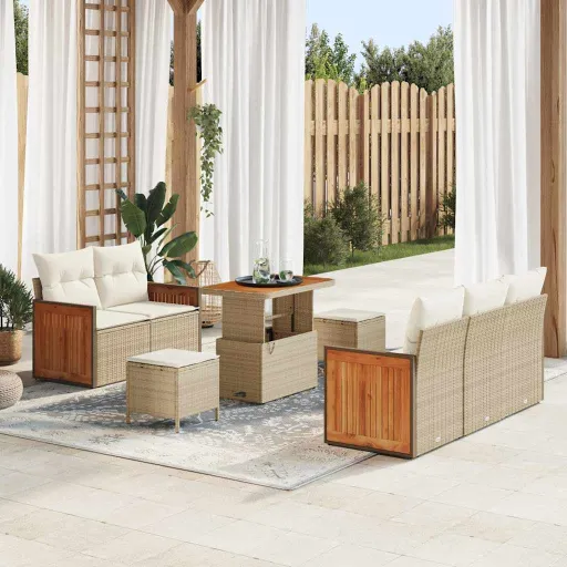 Conjunto de Sofá de Jardim   Bege e Creme Vime PE (10 pcs)