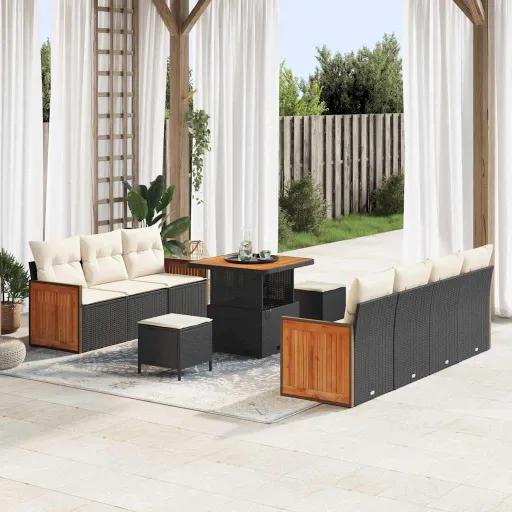 Conjunto de Sofá de Jardim   Preto e Creme Vime PE (13 pcs)