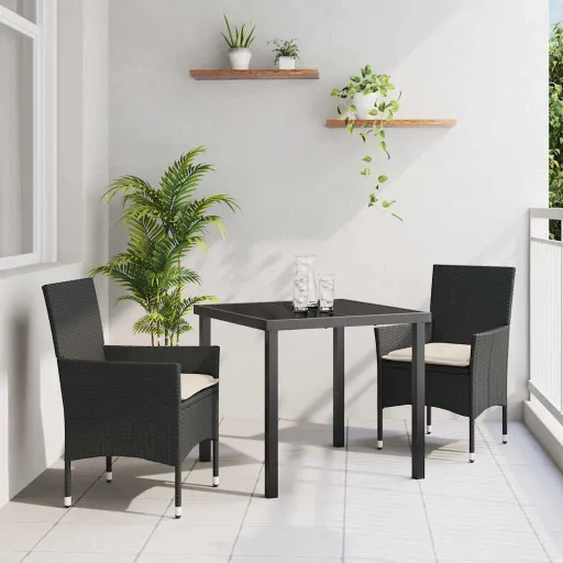 Conjunto de Jantar para Jardim com Almofada   Preto Vime PE (3 pcs)
