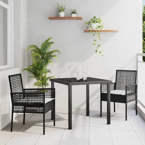 Conjunto de Jantar para Jardim com Almofada   Preto Vime PE (3 pcs)