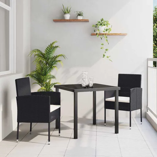 Conjunto de Jantar para Jardim com Almofada   Preto Vime PE (3 pcs)