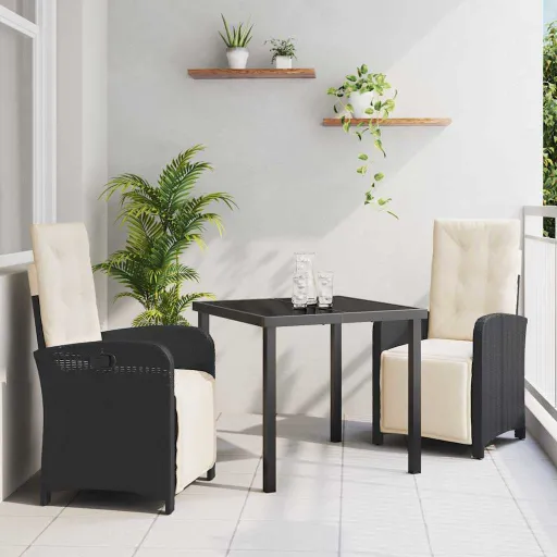Conjunto de Jantar para Jardim com Almofada   Preto Vime PE (3 pcs)