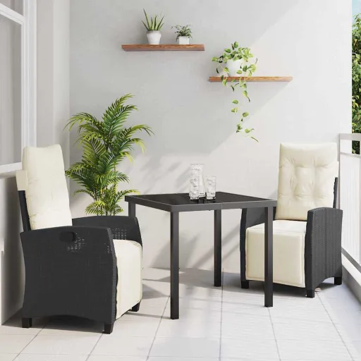 Conjunto de Jantar para Jardim com Almofada   Preto Vime PE (3 pcs)