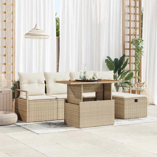 Conjunto de Sofá de Jardim   Bege Vime PE (6 pcs)