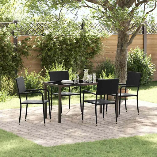Conjunto de Jantar para Jardim com Almofada   Preto Vime PE (5 pcs)