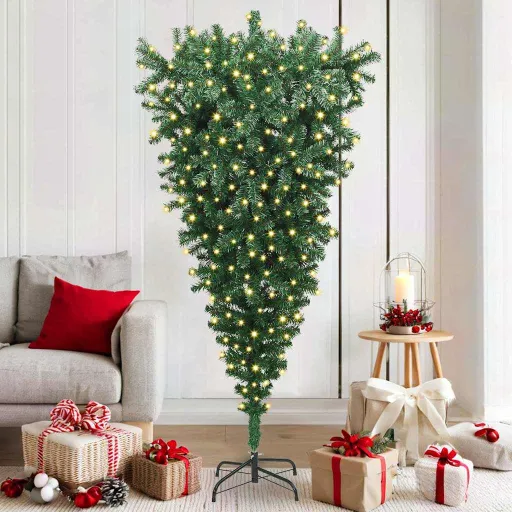 Árvore de Natal Artificial Pré-Iluminada de Cima para Baixo PVC