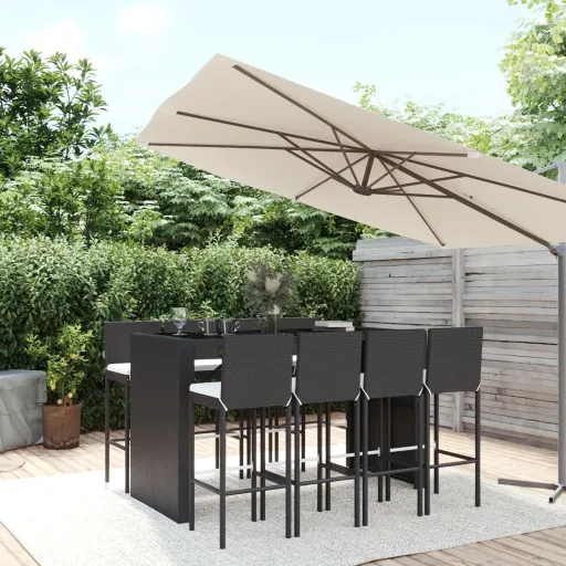 Conjunto de Bar para Jardim c/ Almofadões Vime PE Preto (9 pcs)