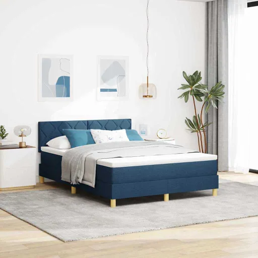 Cama Box Spring com Colchão Azul 140 x 200 cm Tecido