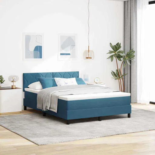 Cama Box com Colchão Azul Escuro 140 x 200 cm Veludo
