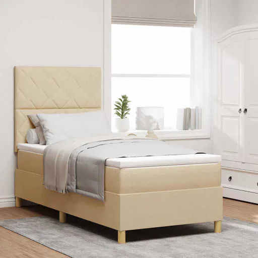 Cama Box com Cabeceira Creme 90 x 200 cm Tecido