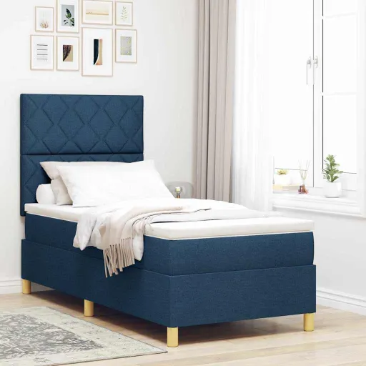 Cama Box com Cabeceira Azul 90 x 200 cm Tecido