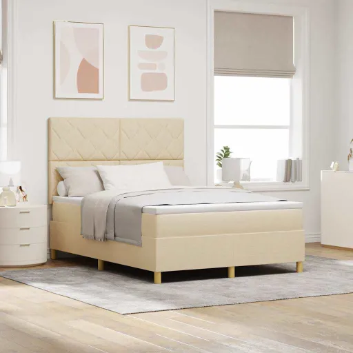 Cama Box com Cabeceira Creme 140 x 200 cm Tecido