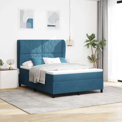 Cama Box com Colchão Azul Escuro 140 x 190 cm Veludo