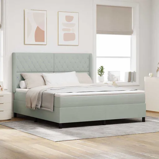 Cama Box com Cabeceira Cinzento-Claro 180 x 200 cm Veludo