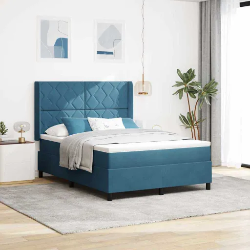Cama Box com Cabeceira Azul 140 x 190 cm Veludo