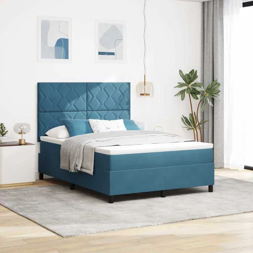 Cama Box com Colchão Azul Escuro 140 x 190 cm Veludo