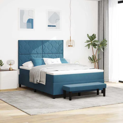 Cama Box com Colchão Azul Escuro 140 x 190 cm Veludo