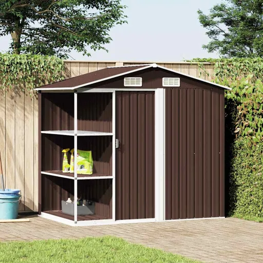 Abrigo de Jardim c/ Prateleiras 205x130x183 cm Ferro Castanho