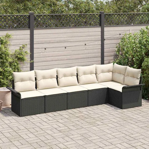 Conjunto de Sofá de Jardim com Almofada   Preto Vime PE (6 pcs)