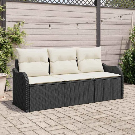 Conjunto de Sofá de Jardim com Almofada   Preto Vime PE (3 pcs)
