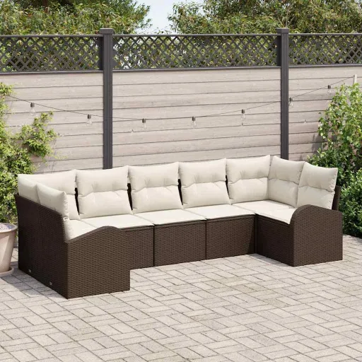 Conjunto de Sofá de Jardim com Almofada   Castanho (7 pcs)