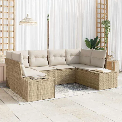 Conjunto de Sofá de Jardim com Almofada   Bege Vime PE (6 pcs)