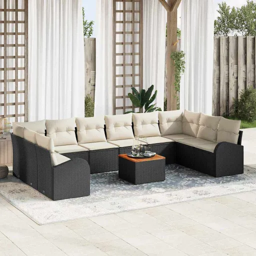 Conjunto de Sofá de Jardim com Almofada   Preto Vime PE (11 pcs)
