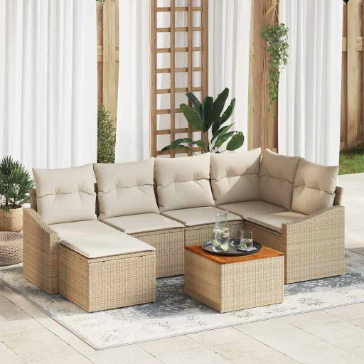 Conjunto de Sofá de Jardim com Almofada   Bege Vime PE (7 pcs)