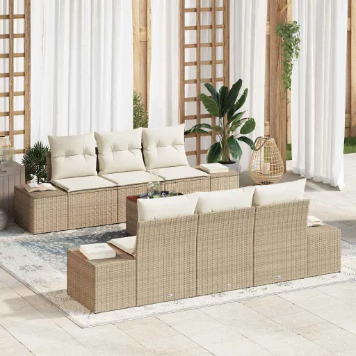 Conjunto de Sofá de Jardim com Almofada   Bege Vime PE (7 pcs)