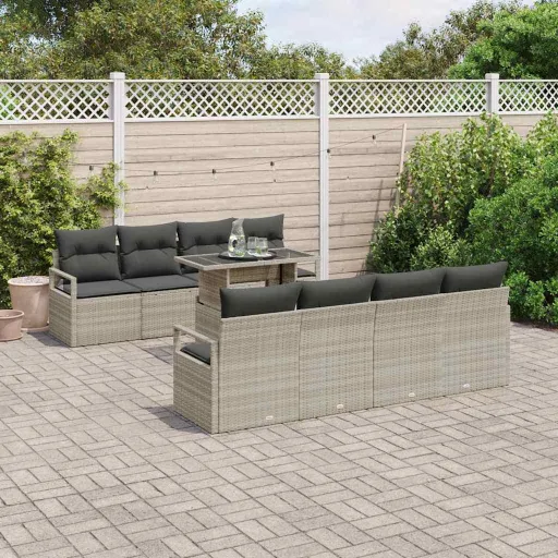 Conjunto de Sofá de Jardim   Cinzento-Claro Vime PE (9 pcs)