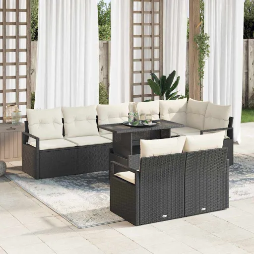 Conjunto de Sofá de Jardim   Preto e Creme Vime PE (9 pcs)