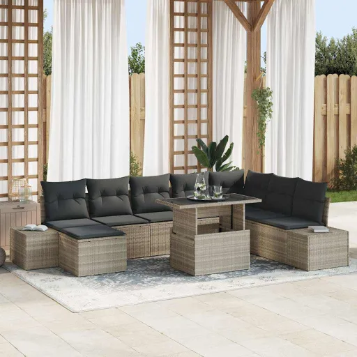 Conjunto de Sofá de Jardim   Cinzento-Claro Vime PE (9 pcs)