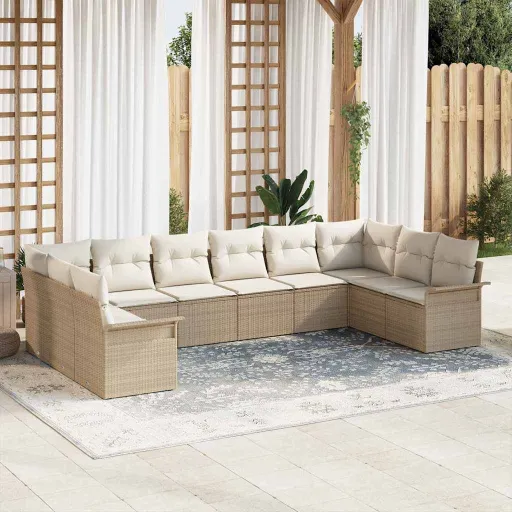 Conjunto de Sofá de Jardim   Bege Vime PE (10 pcs)