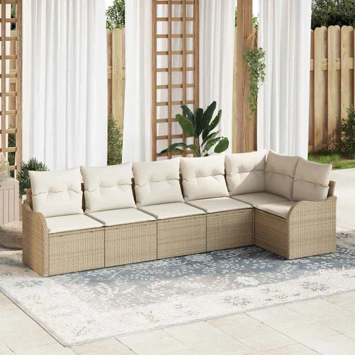 Conjunto de Sofá de Jardim com Armazenamento   Bege Vime PE (6 pcs)
