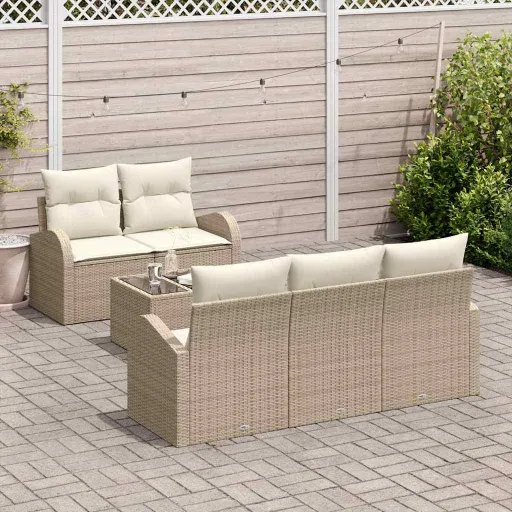Conjunto de Sofá de Jardim   Bege e Creme Vime PE (6 pcs)
